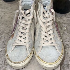High-Top Golden Goose Sneakers with Pink Accents and a little silver glitter